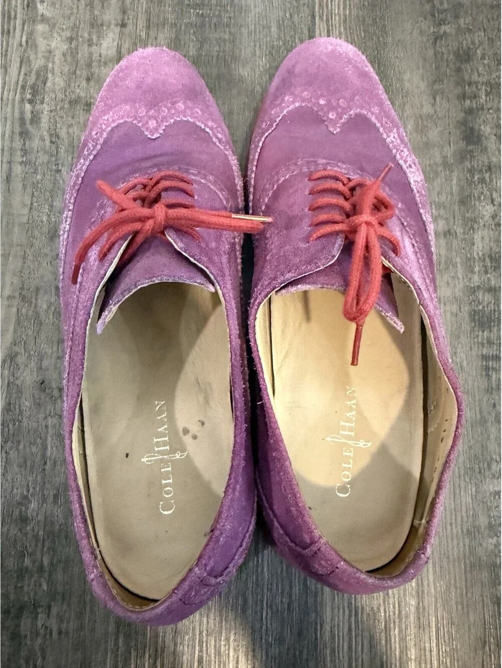 Cole Haan Wingtip Oxford Shoes Womens 7 B Purple Suede Brogue Lace Up